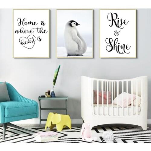 Nordic Modern Black and White Motto Letter Penguin Animal Canvas Painting Spray Color Poster Kids Baby Nursery Room Wall Picture