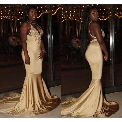 Plus Champagne Mermaid Evening Dress Spaghetti Backless Sweep Train Appliques Beads Formal Prom Party Gown vestidos prom dresses