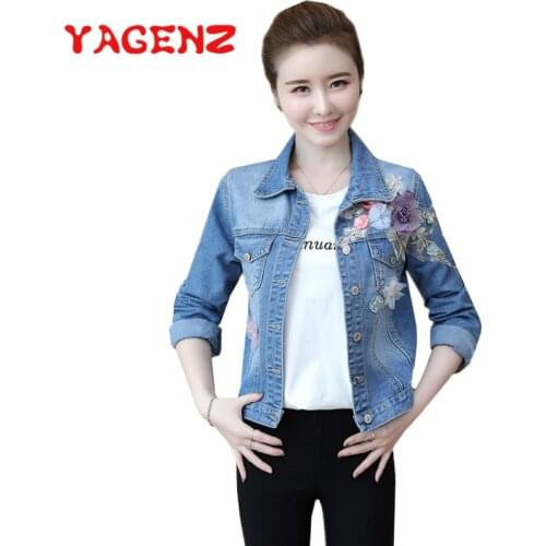 YAGENZ Womens Denim Jacket Short Coat Casaco Feminino inverno Flowers Embroidered Plus size Jeans Jacket Single-breasted 757
