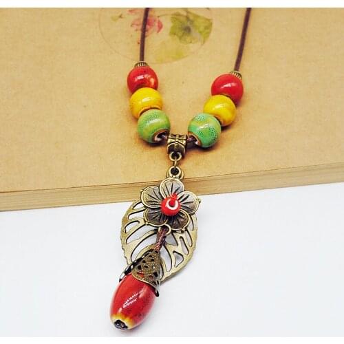 Statement Colorful Ceramic Beads Strand Big Bead Tassel Pendants Necklace For Women Vintage Chinese Style Charm Necklace Jewelry