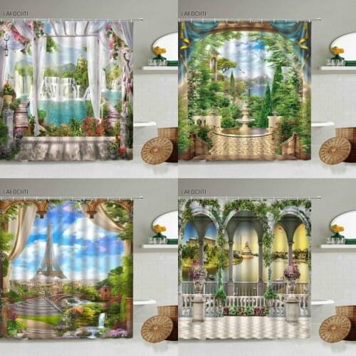 Landscape Scenery Shower Curtain Waterfall Forest Arched Garden Window View Green Plants Flowers Home Bathroom With Hook Screen