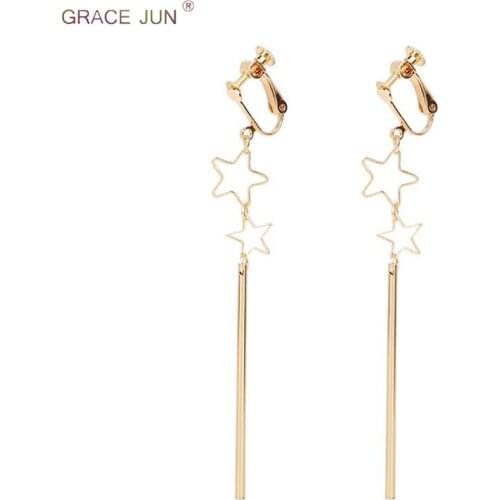 GRACE JUN Korea Style Copper Material Double Star Long Stick Clip on Earrings Without Pierced for Women Elegant Jewelry Ear Clip