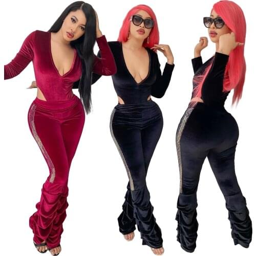 2020 New Women Velvet Two Piece Set Sexy Deep V Neck Long Sleeve Bodysuit Top Sequins Stacked Pants Autumn Winter Outfits