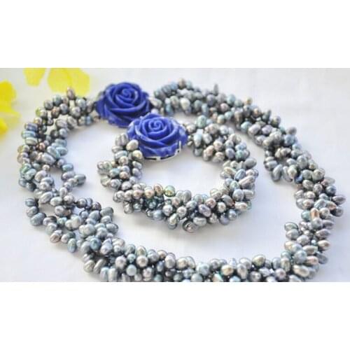 Wedding women Jewelry Set 4 Rows 8-10mm Light Blue Gray Real Pearl Necklace Bracelet Blue Rose Clasp Natural Freshwater Pearl