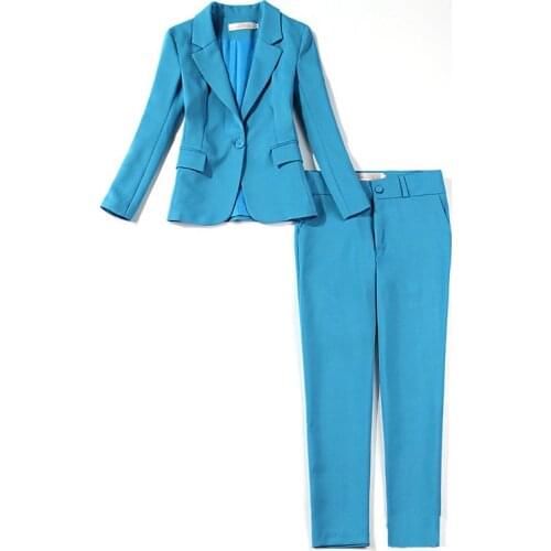 Casual temperament solid color ladies suits Spring and autumn new slim sky blue jacket suit Womens office slim trouser suit