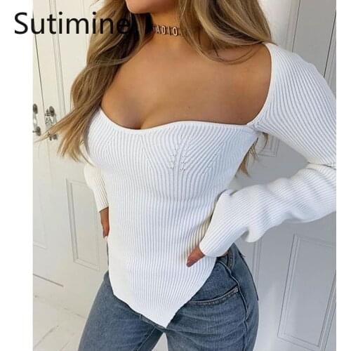 Square Collar Long Sleeve Woman Sweaters Knitted Pullover Women Spring Autumn Sweater Winter Tops For Women Black White Jumper