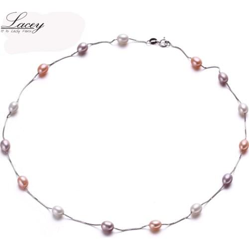 Muilt Natural pearl necklace 100% 925 sterling silver chain necklace, 6-7mm Real Cultured Freshwater pearl Jewelry for Women