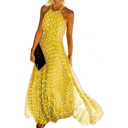 Ladies Off Shoulder Sleeveless Dress Sexy Wide Hem Polka Dot Printing Dress for Banquet