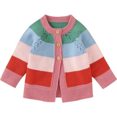 Winter Warm Kids Casual Sweater Baby Girl Rainbow Striped Print Cotton Knitted Outerwear Clothes