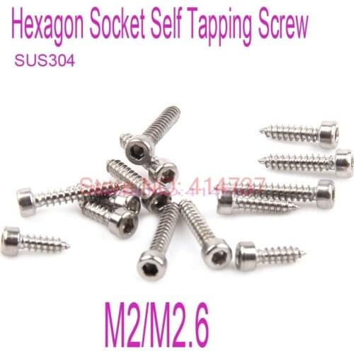 100pcs/lot Stainless Steel 304 M2/M2.6 Hexagon Socket Self Tapping Screw Length 5mm--16mm