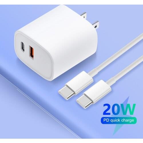20W PD USB-C USB A USB Wall Charger Dual Port Travel Power Adapter EU US UK Plug With Type C Lighting Cable For Phone/Tablet