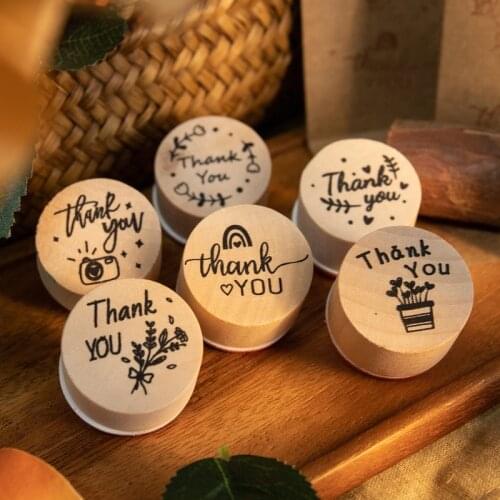 6pcs Vintage Thank You Wood Stamps Flower Plant Round Wooden Rubber Stamp DIY Scrapbooking Greeting Card Decor Stationery Stamp