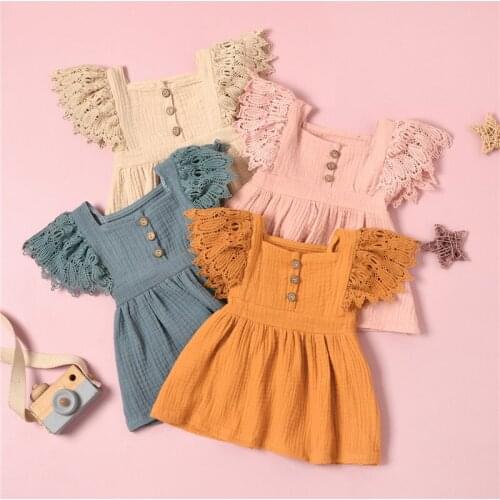Baby Girls Casual Dress Solid Color Lace Short Fly Sleeves Square Neck One-piece Dresses Cotton Linen Baby Girls Princess Dress