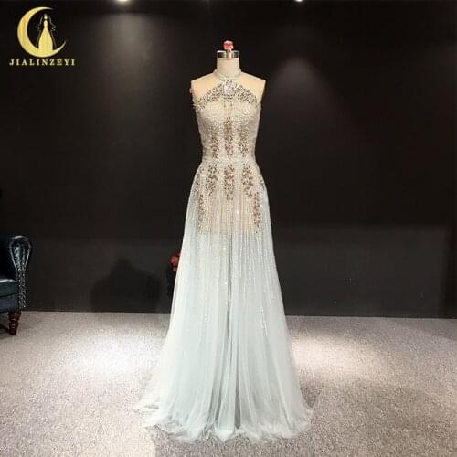 JIALINZEYI Real Image Light Green Luxurious Hand Beads Crystal Tulle Sexy Back Fashion Party dress Prom evening Dresses