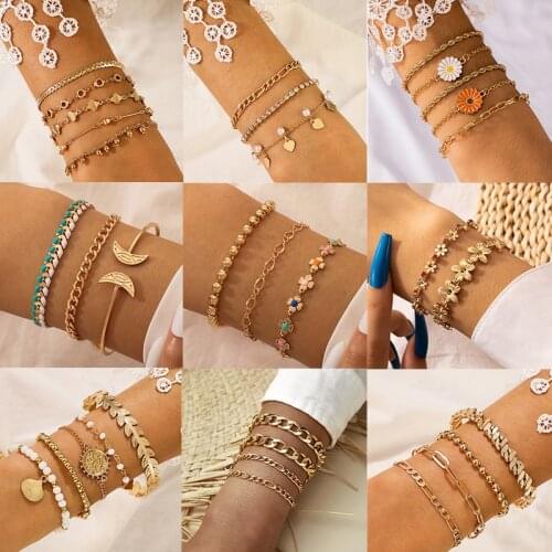 HuaTang 9 Style Boho Daisy Flower Bracelet Set for Women Multilayer Chains Geometric Heart Crescent Open Bangle Cuff Jewelry