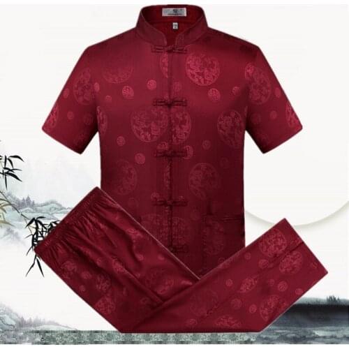 New Vintage Burgundy Chinese Men Summer Silk Short Sleeve Tang Suit Chinese Costumet Kung Fu Shirt+Pants Set