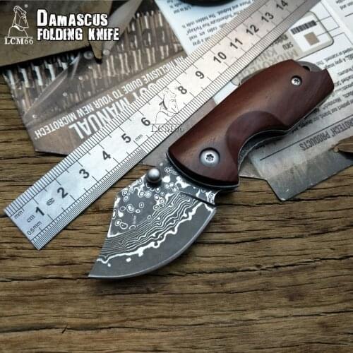 LCM66 Damascus folding knife, yellow pear Survival Knives,Very sharp Mini Rescue Pocket Knife,Gift Key knife Tools
