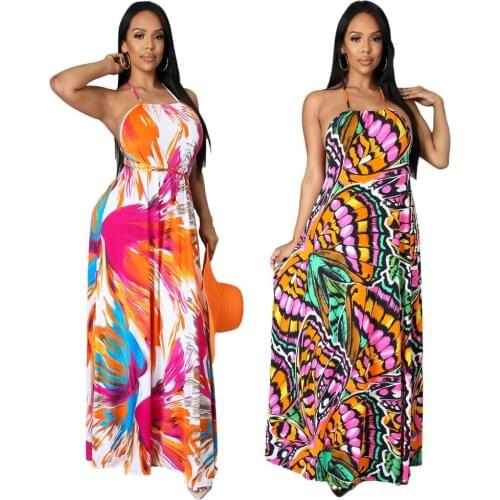 Summer Maxi Dresses for Women Open Back Sling Wide Loose Casual Clothing Sexy Print Beach Elegant Dress Wholesale Dropshipping