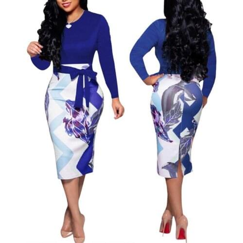 70% Hot Sell Fashion Women Wavy Stripe Floral Long Sleeve Belted Bodycon Knee Length Dress