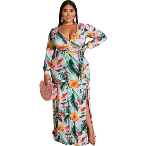 Fashion Autumn Printed Dresses Lacing Tight-fitting Bag Hips Deep V-neck Long Sleeve Hem Split-Fork Sexy Dress Women Plus Size