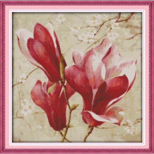New Magnolia flower (3)cross stitch kits Cotton 14ct white 11ct printed embroidery DIY handmade needle work wall home decor
