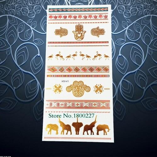 New Brown Hamsa Fatima Elephant Gold Metallic Tattoo Henna Flash Temporary Tattoo Sticker 21x10cm Waterproof Fake Tatoo Body Art
