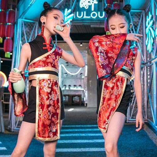 Chinese Style Girls Clothes For Festival Clothing Stage Red Suit Cosplay Ancient Costume Hip Hop Jazz Dance Outfit Rave 1619