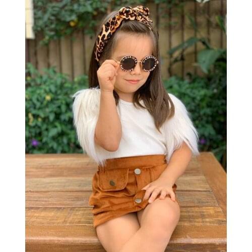 1-8Y Children Girls Clothes Sets Kids Baby Girls Fur Short Sleeve T-shirt Tops+Button Mini Skirts Fashion Kids Summer Outfits