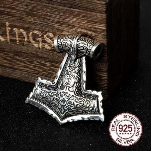 S925 sterling silver Viking raven thors hammer necklace with keel necklace and real cow leather and wood box as gift