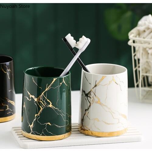 Bathroom Supplies Black Gold Ceramic Marble Pattern Mouthwash Cup Brushing Cup Two-piece Bathroom Decoration Accessories