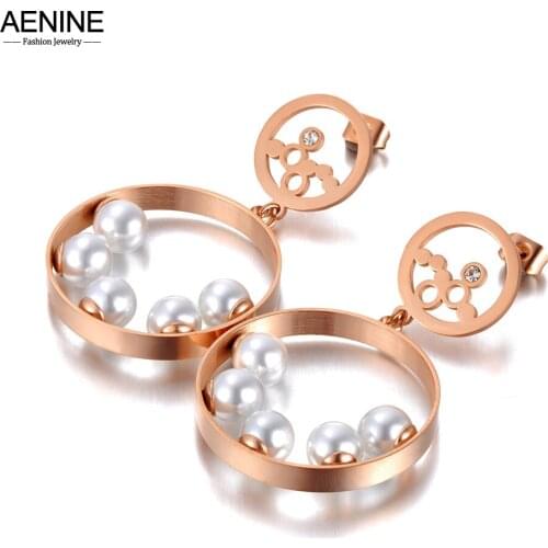 AENINE Titanium Stainless Steel White Pearl Geometry Round Earrings Rose Gold Trendy Bohemia Party Earrings For Women AE20189