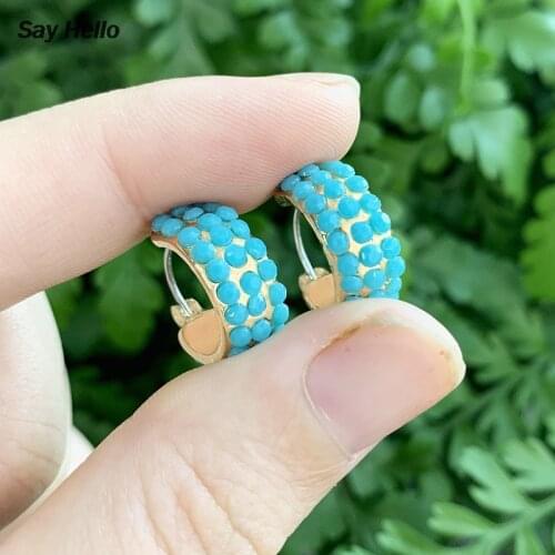 SAY HELLO BA Turquoises Crystals Inlaid Beaded Small Circle Hoop Earrings for Women Jewelry Boucle D'oreille Femme Brincos K5078
