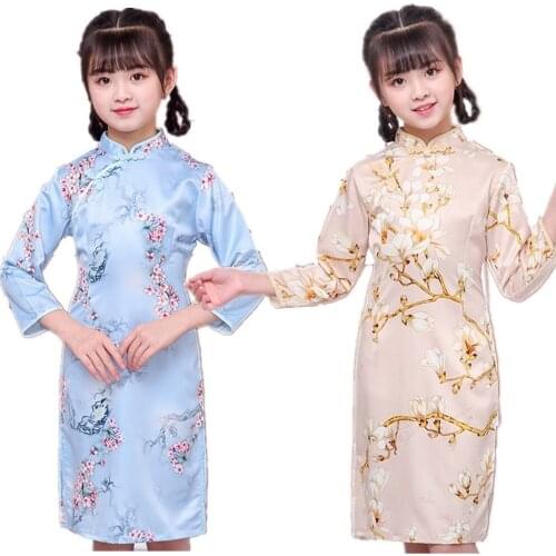 Silk Floral Girl Dress Chinese Costume Children Chi-Pao Cheongsam Dresses Traditional Party Wedding Girl Clothes Outfits Soft