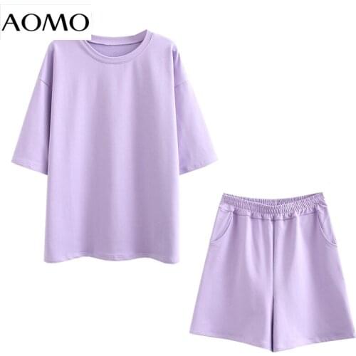 AOMO 2021 Summer Soft Cotton Tracksuits Unisex Two Piece Set O-neck T Shirt and Pocket Shorts Plus Size 6L30-2A