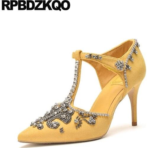 Thin pumps cinderella t strap high heels crystal super women rhinestone 8cm pointed toe diamond casual bar ladies yellow shoes