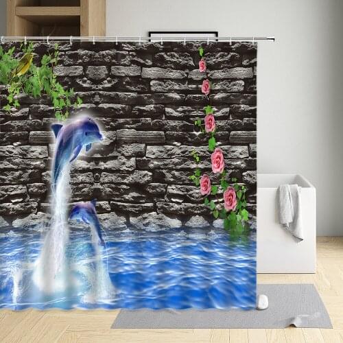 Dolphin Shower Curtain Marine Animals Retro Brick Wall Flowers Green Plants Marine Scenery Bathroom Wall Decor With Hook Screen