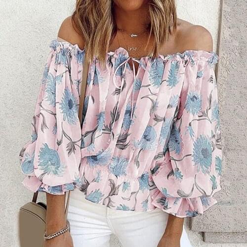 Women Long Sleeve Off Shoulder Floral Print Summer Casual Lace Up Blouse Tops Shirts Female Blouses Sexy Casual Blouse For Women
