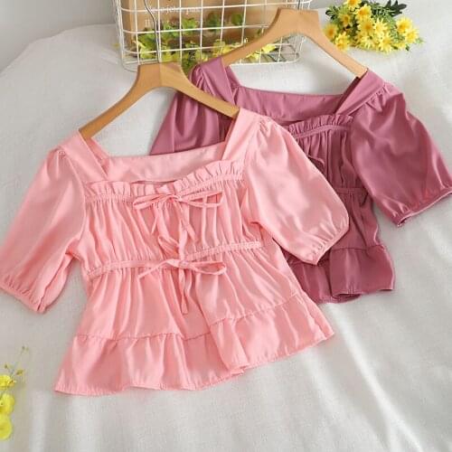 Summer Women Square Collar Puff Sleeve Sexy Bandage Strap Ruffles Shirt Lady Short Elastic Slim Waist Pullover Chic Blouse Tops