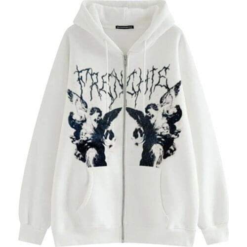 Womens Jacket Polyester Full Zip Hoodie Gothic Angel Print Oversized Sweatshirt Long Sleeve Jacket Outer Hip Hop Streetwear