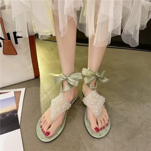 Summer New Style Roman Style Flat Bottom Comfortable And Exquisite Pearl Comfortable And Fashionable Temperament Ladies Sandals