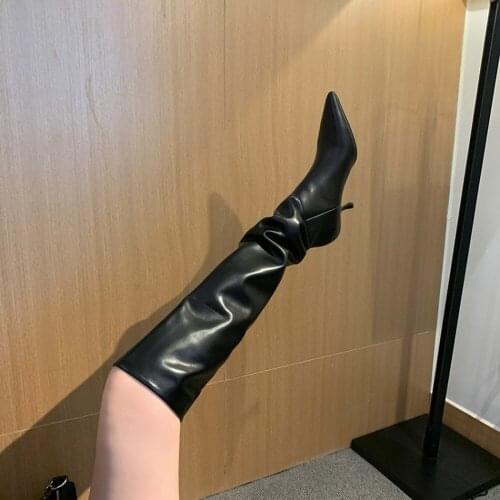 OLOMLB Womens Pointy Toe Knee Thigh Boots High Stilettos Heel Pull On Genuine Leather Western Chelsea Shoes Plus Size New 2020