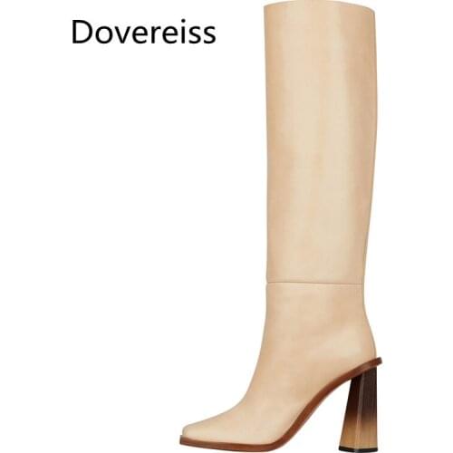 Dovereiss Fashion Womens Shoes Winter new High heels Sexy Elegant beige Square toe new Knee high boots Strange style heels 48