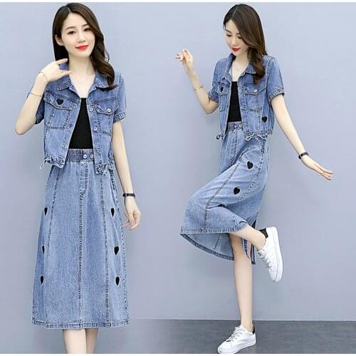 New Summer Women Sets Casual Turn-Down Collar Loose Short Sleeve Jeans Coat And Love Skirts For Females Denim Suit Two-Piece