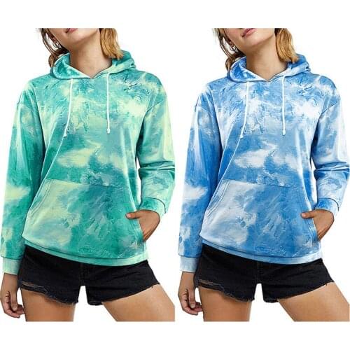 Women Fashion Gradient Hooded Tie-dye Print Long Sleeve Sweatshirt Autumn Winter Pullover With Pocket, Drawstring