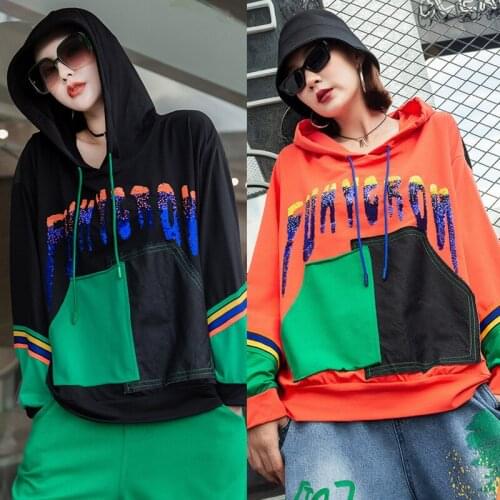 Women new letter print stitching hooded loose top color-blocking women diamond sweatshirt Y592