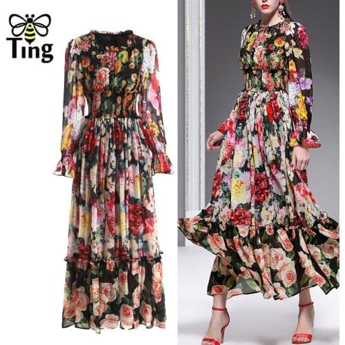 Tingfly Fashion Runway Summer Long Sleeve Maxi Dress Womens Elastic Waist Floral Print Elegant Party Holiday Long Party Dress
