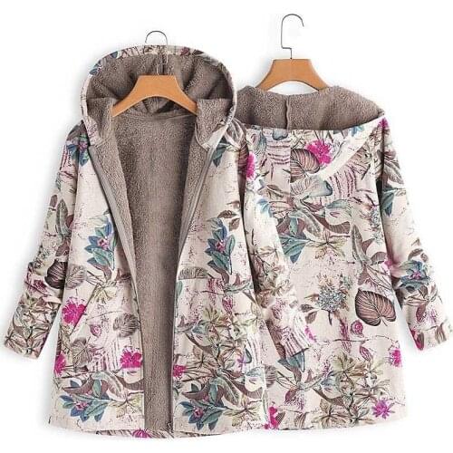 Women Vintage Warm Coats Autumn Winter Casual Printed Fashion Hooded Outwear Plus Size Long Sleeve Zipper Jackets Coats
