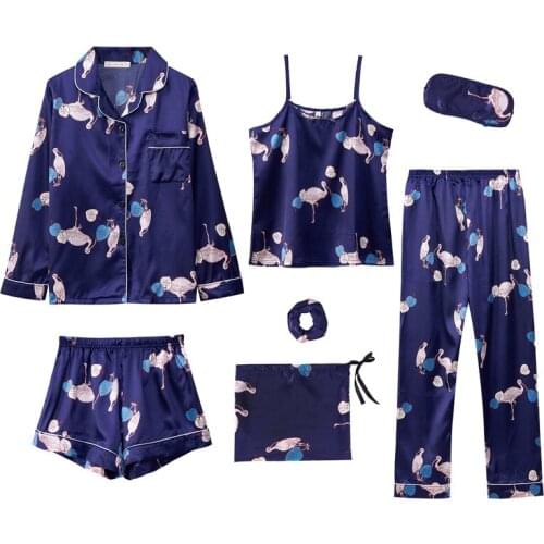 7 Pieces Women Silk Satin Pajamas Sets Pyjamas Set Sleepwear Pijama Pajamas Flower Print Female Sleepwear Loungewear