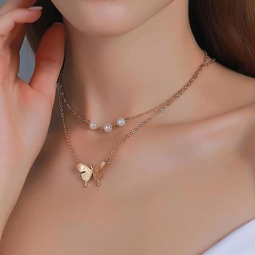 Butterflies Pendant Simple Clavicle Necklace Alloy Adjustable Double Chain Sweet Women Faux Pearl Necklace Jewelry Accessory