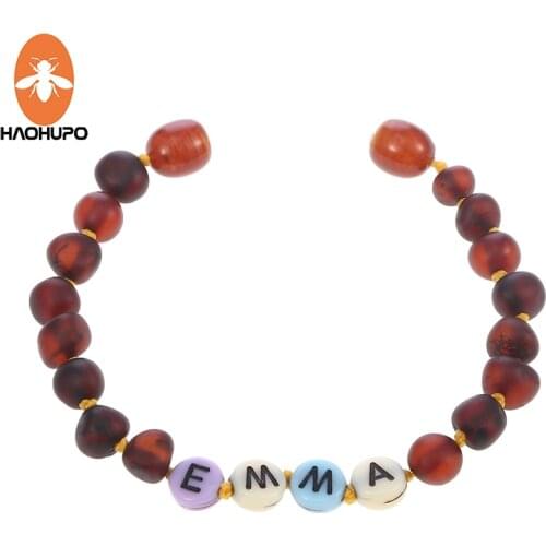 HAOHUPO Custom Name Amber Jewelry Baltic Amber Teething Bracelet Anklet with BABYS NAME Unique Children Natural Jewelry Gift
